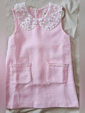 Doe A Dear Pink Toddler Dress with Pearl Floral Peter Pan Collar 6T